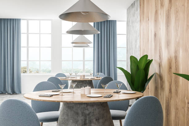 istock Interior of wooden cafe, blue chairs 1091401772
