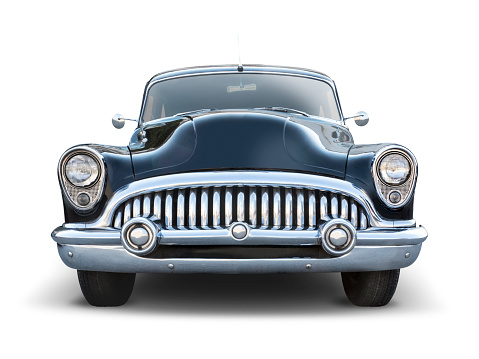 Black classic american car front view isolated on white backround