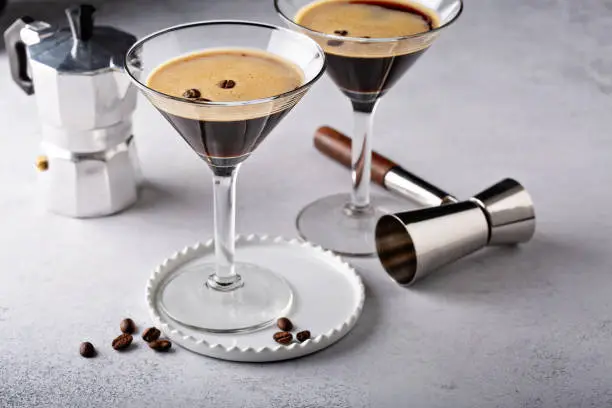 Espresso martini in two glasses, coffee cocktail concept