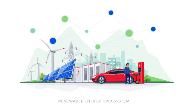 Renewable Energy Battery Storage Grid System with Electric Car Charging Flat vector illustration of renewable energy blockchain connected system. Electric car charging at charger station with solar panels, wind turbines, battery storage, high voltage power grid and city. high up city stock illustrations