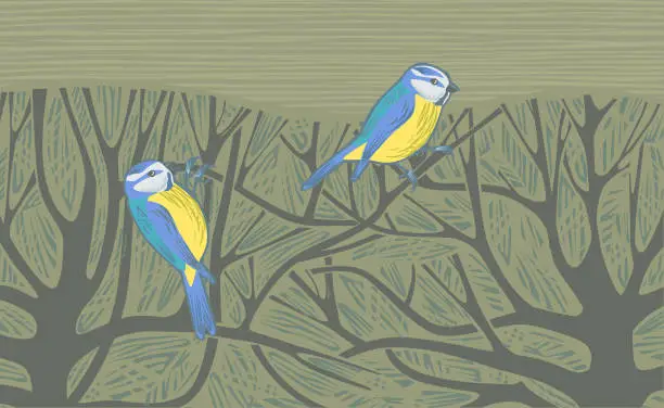 Vector illustration of Countryside scene with Blue tits