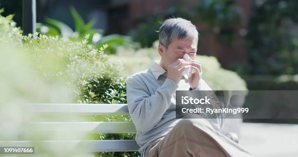 Old Man Sick And Sneeze Stock Photo - Download Image Now - Allergy, Senior Adult, Springtime