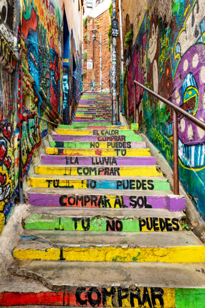 Valparaiso, Chile-October 25, 2018:  Art decorating houses in the UNESCO World Heritage port city of Valparaiso in Chile, Local artists use the city walls and buildings as their canvas.