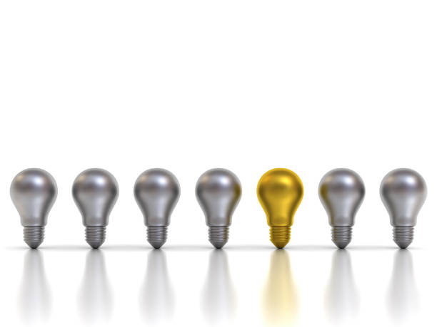istock Think different concept One gold idea light bulb standing out from the silver metal bulbs with reflections and shadows leadership and individuality creative idea concepts 1091412448