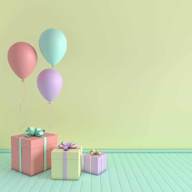 istock 3d render interior with realistic pastel colored balloons and gift box with bow in the room. Empty space for party, promotion social media banners, posters. 1091416066