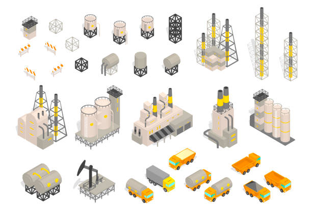 Set industrial factories plant building and trailer delivery. Isometric vector illustration. Industrial production factory. Set industrial factories plant building and trailer delivery. Isometric vector illustration. Industrial production factory. Facility manufacturing. Vector isometric style colorful illustration refinery stock illustrations