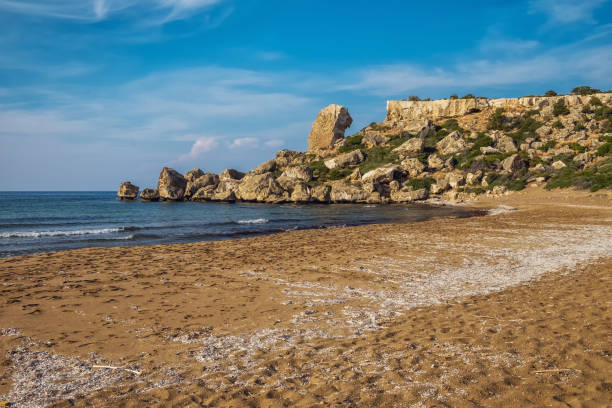 Northern Cyprus coastline Alagadi turtle beach with rocky formation Desert beach landscape with grass and rocks kyrenia photos stock pictures, royalty-free photos & images