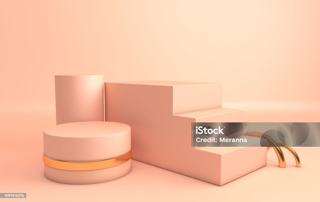3d rendered gold and pastel bige geometric shapes, podium in the room. Set of platforms for product presentation, mock up. Abstract composition in modern minimal design Stereoscopic Image Stock Photo