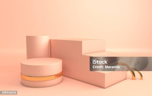 3d Rendered Gold And Pastel Bige Geometric Shapes Podium In The Room Set Of Platforms For Product Presentation Mock Up Abstract Composition In Modern Minimal Design Stock Photo - Download Image Now