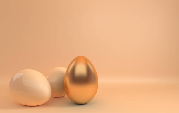 istock Pastel beige and glossy golden easter eggs on beige background. 3d render, digitally generated template. Happy Easter big hunt or sale banner 1091416378