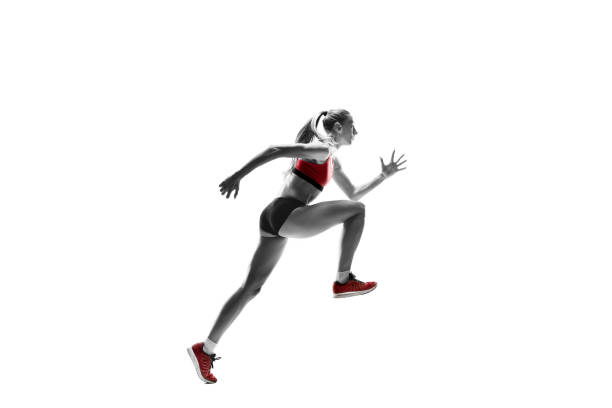 istock one caucasian woman running on white background 1091416574