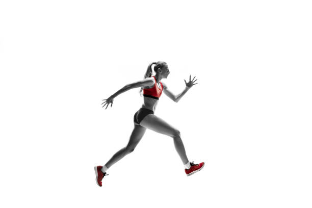 istock one caucasian woman running on white background 1091416578