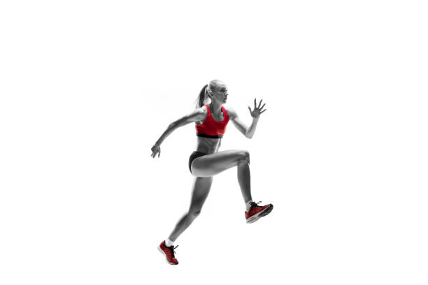 istock one caucasian woman running on white background 1091416580