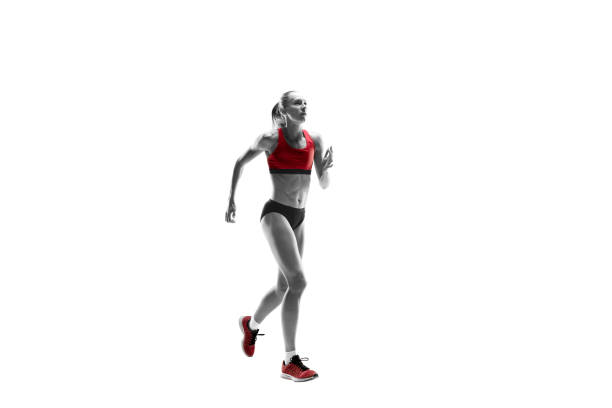 istock one caucasian woman running on white background 1091416594