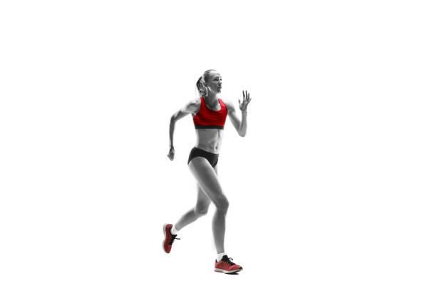 istock one caucasian woman running on white background 1091416600