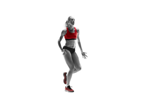 istock one caucasian woman running on white background 1091416610