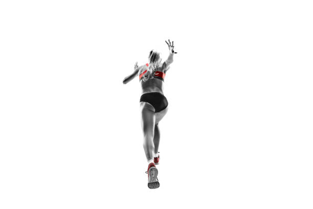 istock one caucasian woman running on white background 1091416612
