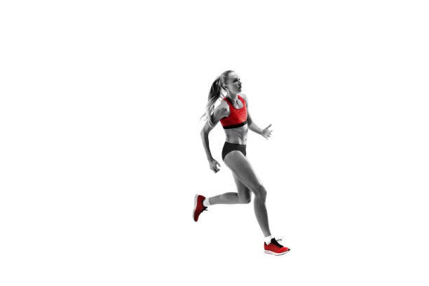 istock one caucasian woman running on white background 1091416614