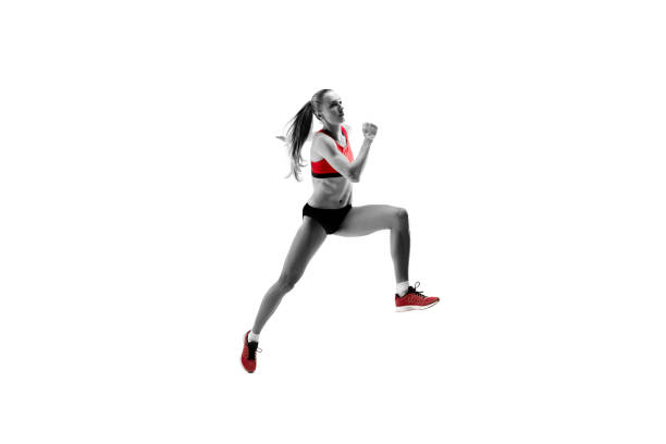 istock one caucasian woman running on white background 1091416620