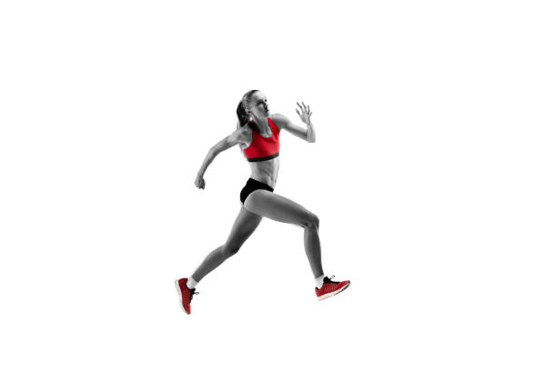 istock one caucasian woman running on white background 1091416624