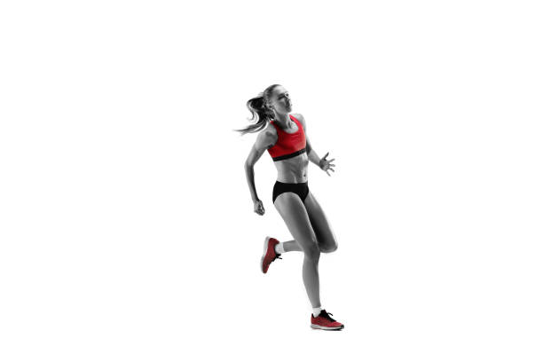 istock one caucasian woman running on white background 1091416626
