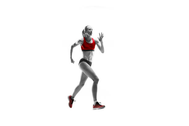istock one caucasian woman running on white background 1091416630