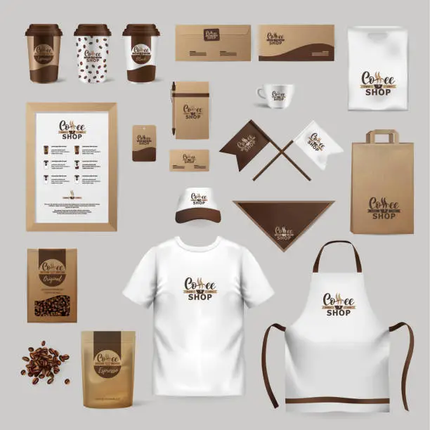Vector illustration of Corporate identity coffee industry. Template of clothes, packages, blanks, dishes.