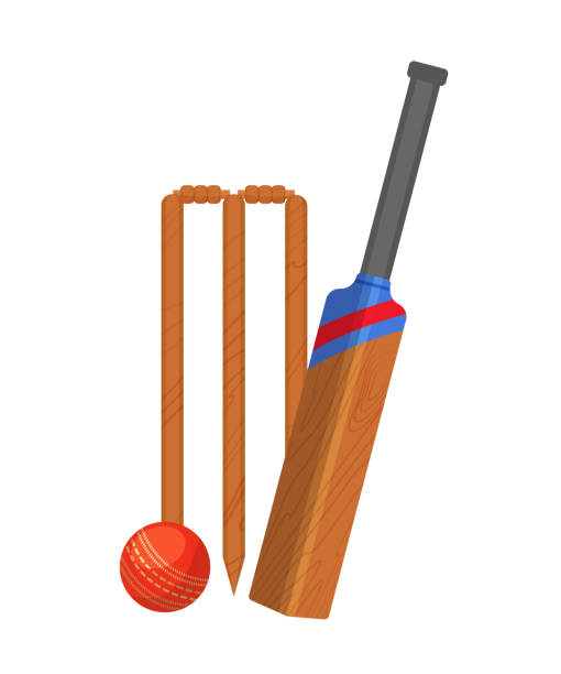 Set of attributes for cricket. Wooden cricket gate, bat, ball. Set of attributes for cricket. Traditional wooden cricket gate, wooden bat, and game ball. Accessories for team training and competition, team motion game. Vector illustration isolated. thread stock illustrations