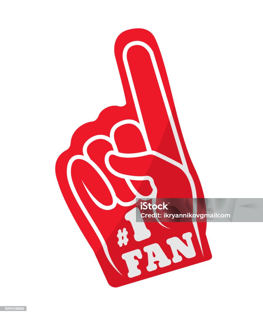 Sports fun red glove of fan in form of finger. Sports fun red glove of fan. Glove hand, with a raised index finger and lettering. Cheerful sports attributes, symbol of team support in competitions. Vector illustration isolated. Baseball Glove stock vector