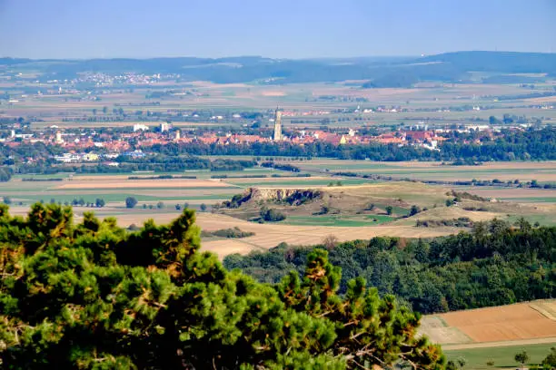 View to the town Noerdlingen in Germany in the evening in Summer