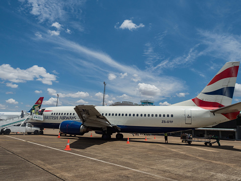 LIVINGSTON, ZAMBIA - NOVEMBER 24, 2018. Boeing 737-436 British Airways (Comair) on Harry Mwanga Nkumbula International Airport in Livingstone, Zambia, Africa
