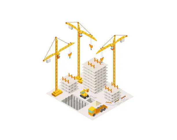 Vector illustration of Construction building a house isometric. Lifting crane. Process of construction concrete frame building area.