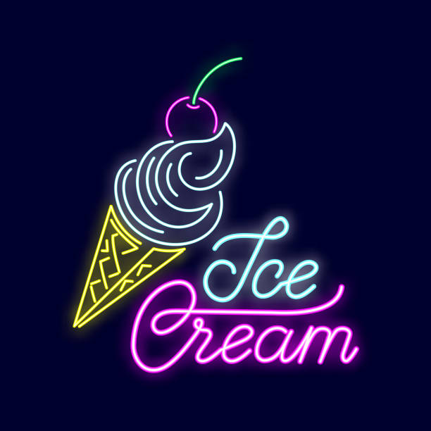 Summer neon sign with bright illumination. Sweet dessert, ice cream Summer neon sign with bright illumination. Summer holidays signboard, bright neon logo, emblem, light banner. Fresh sweet dessert, popsicles eating, ice cream. Vector illustration isolated. neon sign ice cream stock illustrations