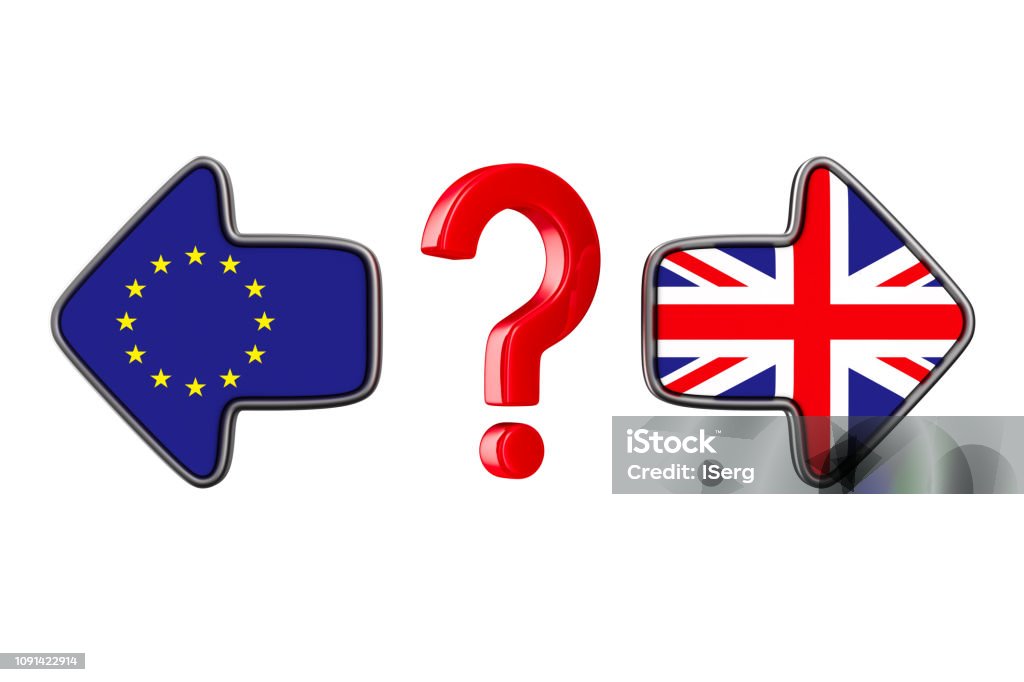Bandeira da UE e da Grã-Bretanha em fundo branco. Ilustração 3D isolada - Foto de stock de Acordo royalty-free
