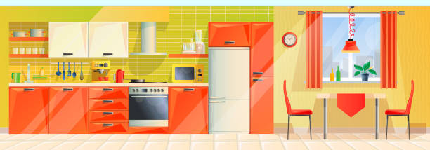 istock Interior modern kitchen room, panorama, inside with appliances, furniture, fittings. 1091423036
