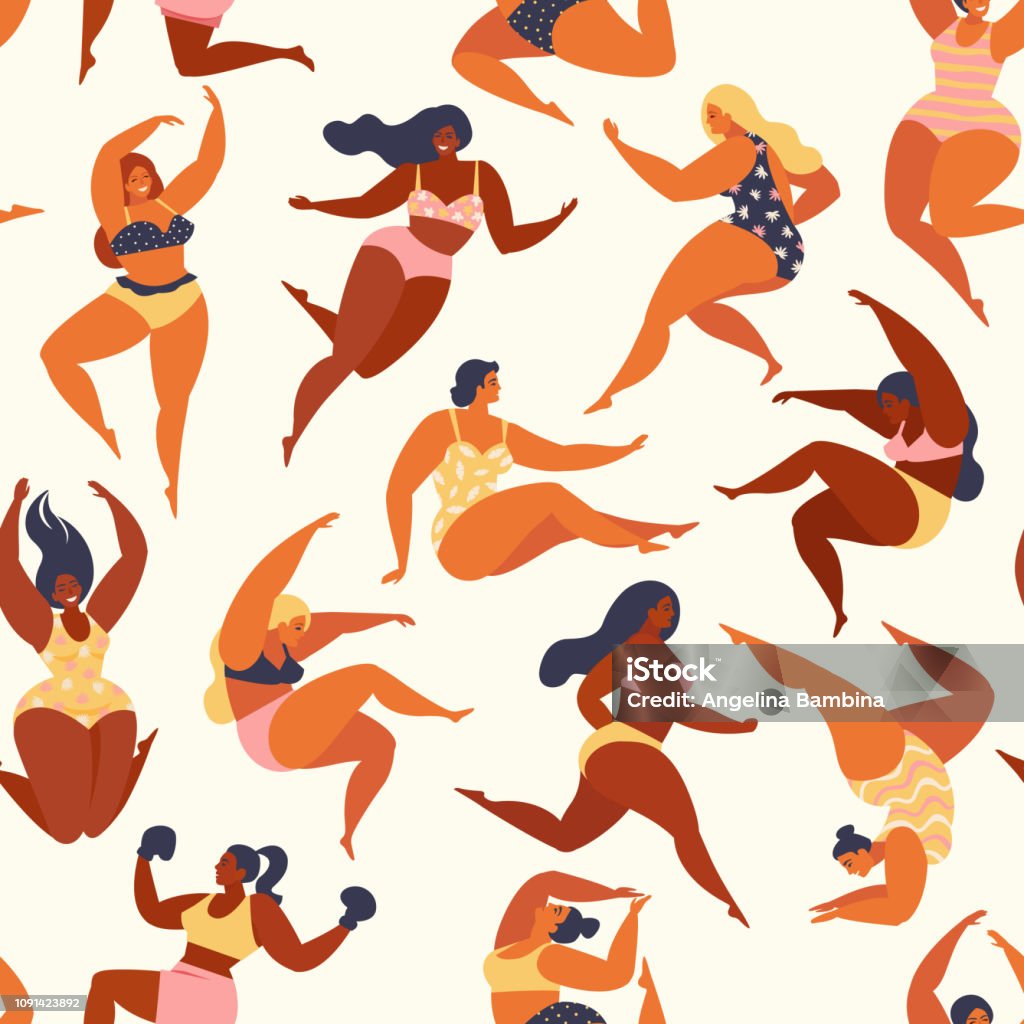 Trendy pattern with girls in summer swimsuits. Body positive. Vector seamless pattern. Trendy pattern with girls in summer swimsuits. Body positive. Seamless pattern. The Human Body stock vector