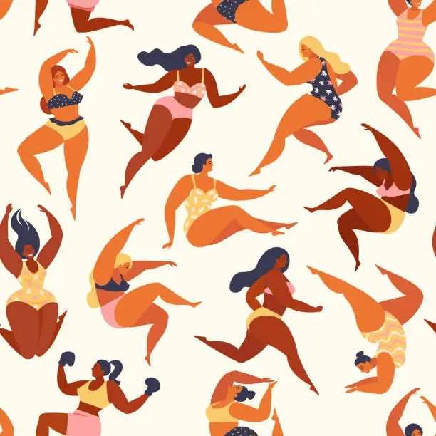 Vector illustration of Trendy pattern with girls in summer swimsuits. Body positive. Vector seamless pattern.