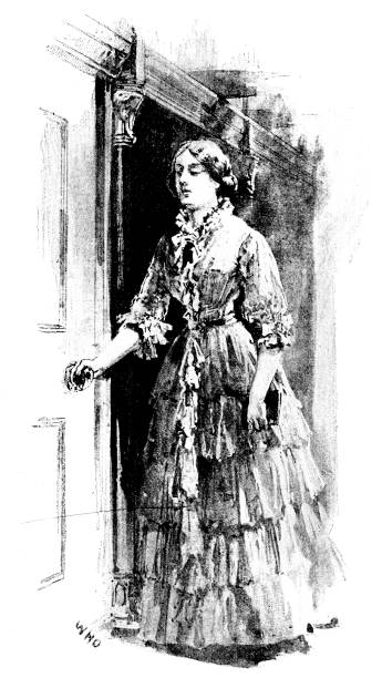 istock Victorian black and white engraving of a last standing with her hand on a door handle; 19th century drama and excitement; English Illustrated 1892 1091433786