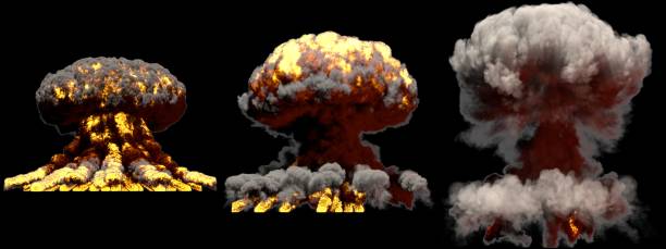 istock 3D illustration of explosion - 3 big different phases fire mushroom cloud explosion of nuclear bomb with smoke and flame isolated on black background 1091435642