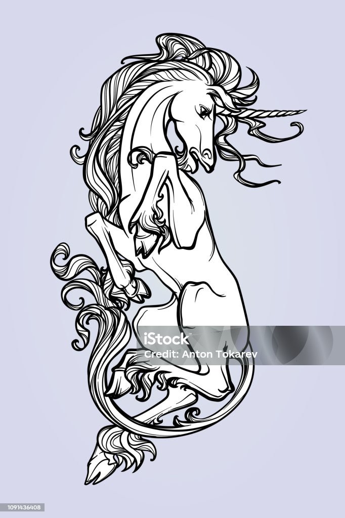 Unicorn laying on his back. Fantasy concept art for tattoo, symbol, colouring books for kids and adults. Black and white drawing isolated on a background. Unicorn laying on his back. Fantasy concept art for tattoo, symbol, colouring books for kids and adults. Black and white drawing isolated on a background. EPS10 vector illustration. Retro Style stock vector