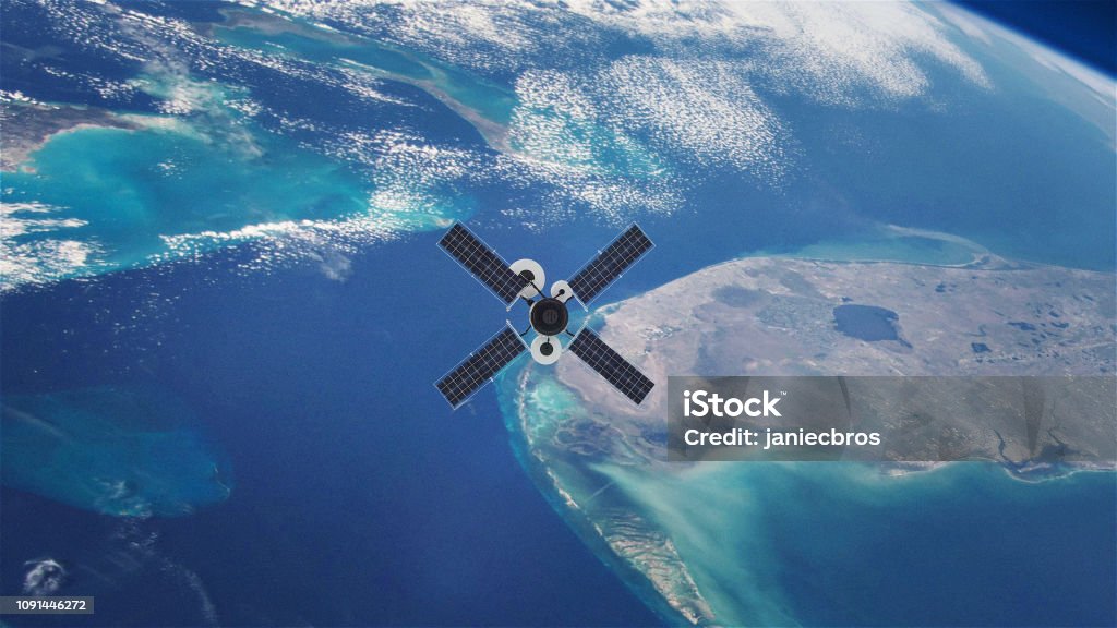 Satellite orbiting Earth GPS or Weather Satellite orbiting Earth. CG image. Satellite Stock Photo