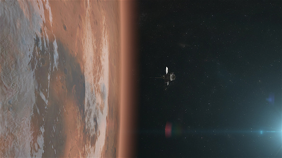 Satellite orbiting near red planet. Space mission. CG image.
