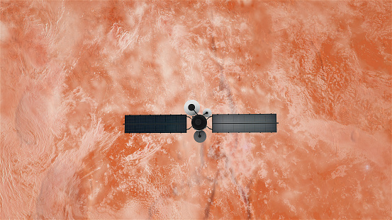 Satellite orbiting near red planet. Space mission. Future Colonization of Mars. CG Image.