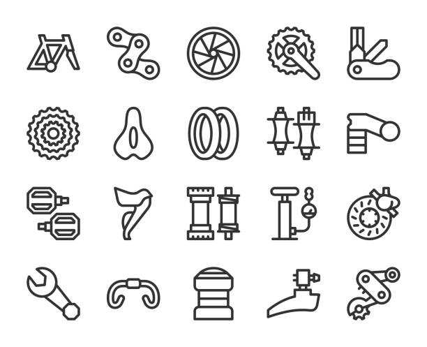 ilustraciones, imágenes clip art, dibujos animados e iconos de stock de piezas de la bicicleta - los iconos de línea - bicycle frame