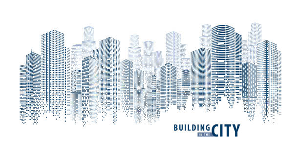 Pano Building abstract 1 Abstract Futuristic City vector, Digital Cityscape. transparent city landscape, Dots Building in the City, sci-fi, skyline Perspective, Architecture vector skyscrapers stock illustrations
