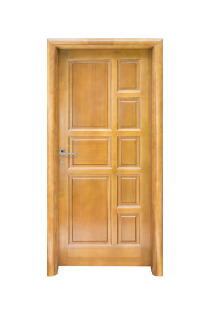 istock Wooden home door isolated white 1091451694