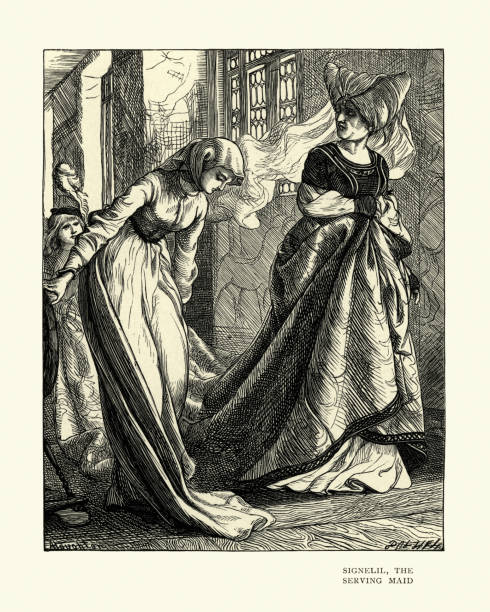 Ballad stories of the affections, Signelil, The Serving Maid Vintage engraving of a scene from Ballad stories of the affections, Signelil, The Serving Maid.  By Arthur Boyd Houghton curtseying stock illustrations