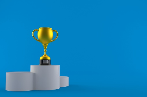 Golden trophy on podium isolated on blue background. 3d illustration