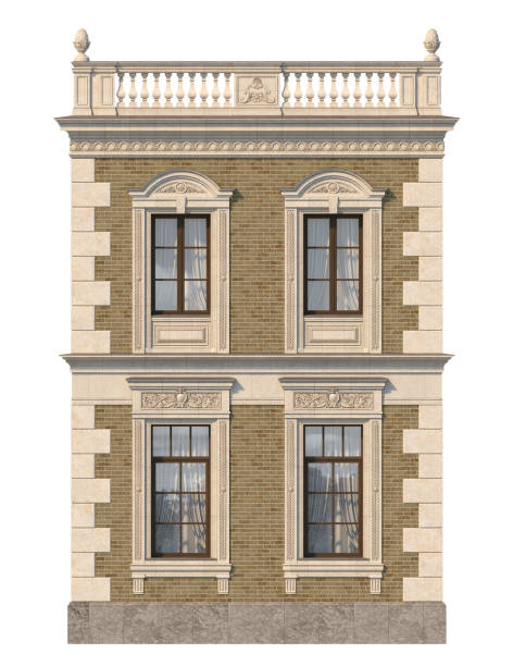 istock Brick facade of a classic-style house with windows. 3d rendering. 1091469042