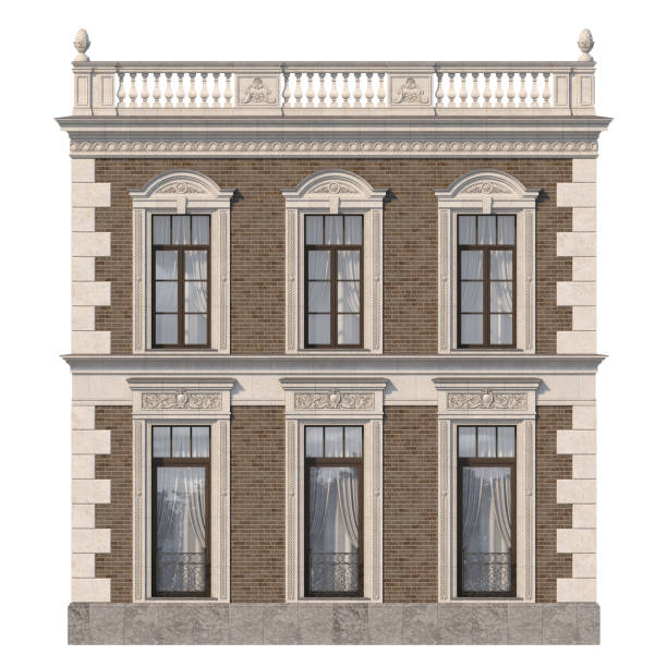 istock Brick facade of a classic-style house with windows. 3d rendering. 1091469116